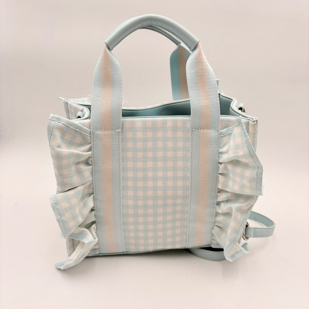 Luv Betsey Johnson Gingham LBRUFFLE Crossbody Tote Bag Blue White Heart Charm - Picture 3 of 12